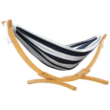 Load image into Gallery viewer, Harbour striped double cotton hammock with solid pine arc stand on a white background