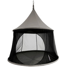 Load image into Gallery viewer, Taupe Cacoon Reto hanging retreat with a pointed canopy, black mesh sides and a circular entrance on a white background.