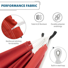 Load image into Gallery viewer, Crimson hammock features showing reinforced stitching, fade and UV resistance, polyester end strings and a steel loop