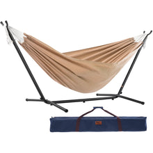 Load image into Gallery viewer, Sand double Sunbrella® hammock with black steel stand and navy carry bag
