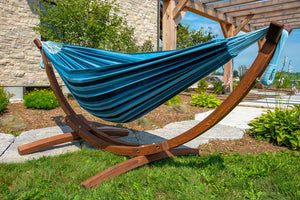 Double Cotton Hammock with Solid Pine Arc Stand Blue Lagoon
