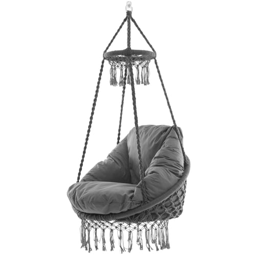 Deluxe Macrame Chair with Fringe and Pillow - Grey Fog