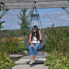 Load image into Gallery viewer, Deluxe Macrame Chair with Fringe and Pillow - Grey Fog